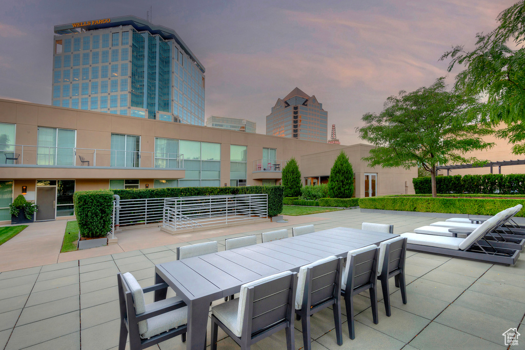 View of patio terrace at dusk