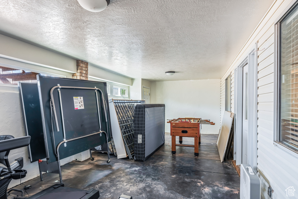 Interior space with a textured ceiling