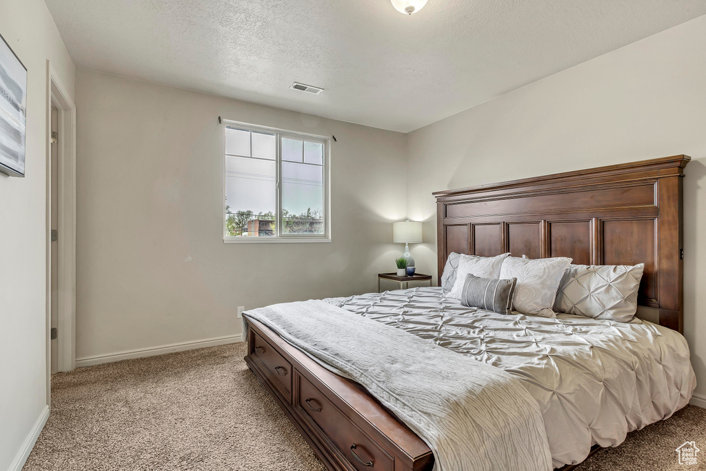 Carpeted bedroom with a textured ceiling