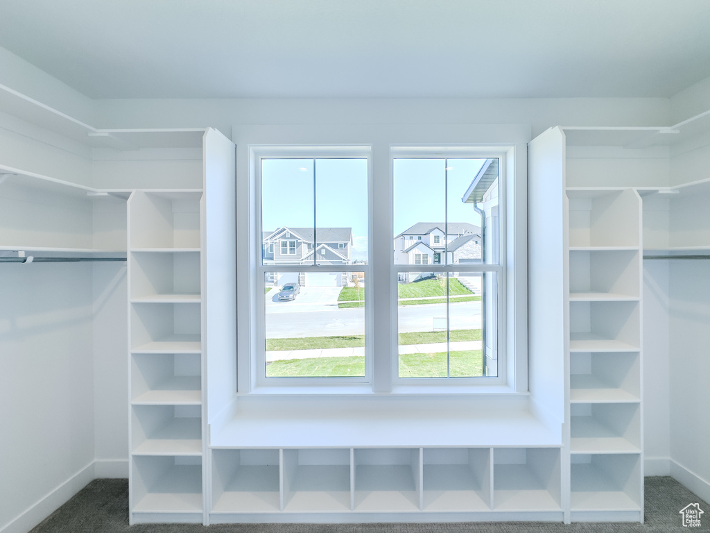 Walk in closet with dark colored carpet