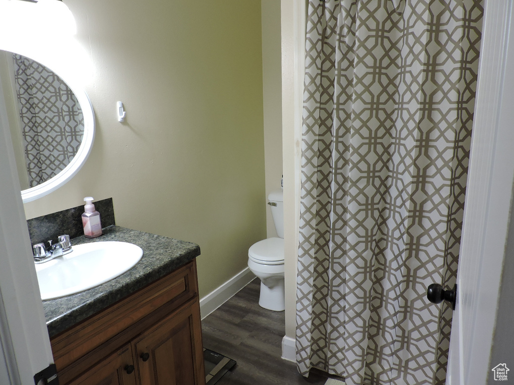 Bathroom with hardwood / wood-style floors, vanity, and toilet