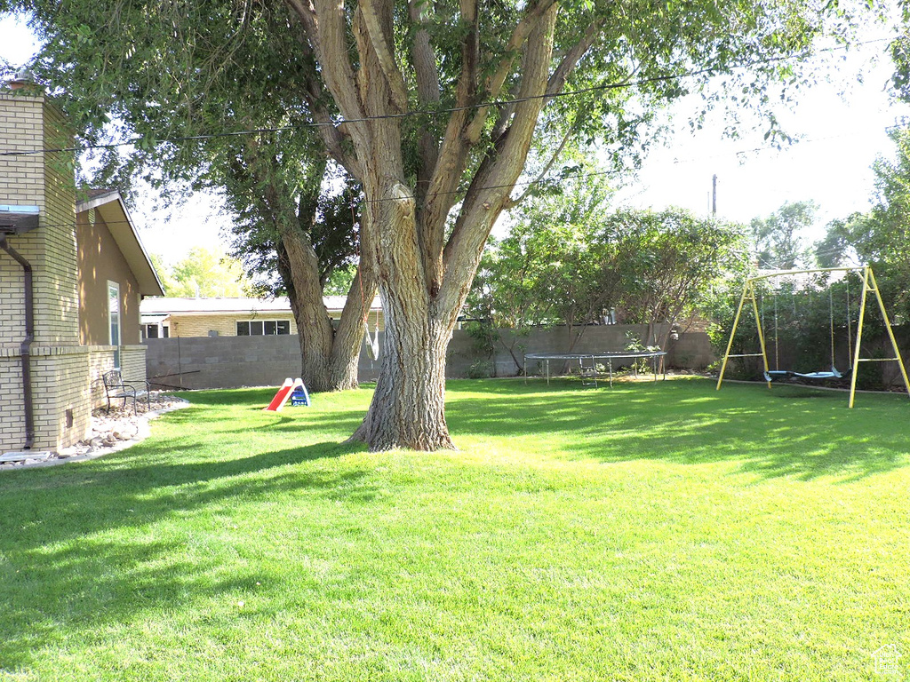 View of yard with a playground and a trampoline