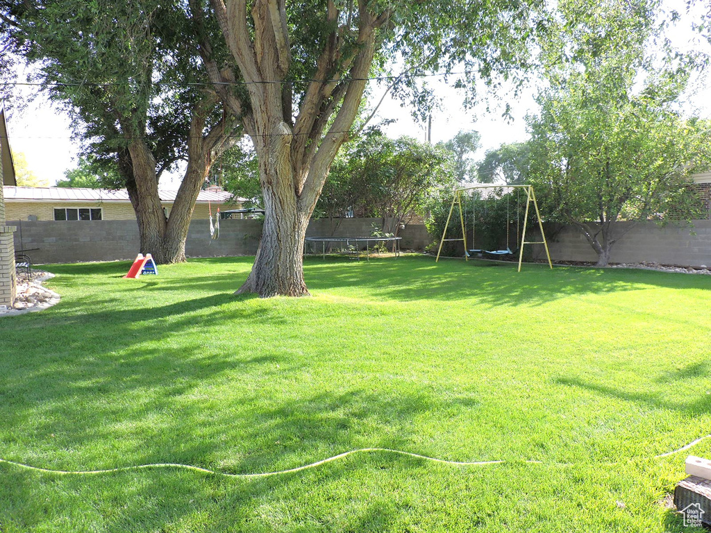 View of yard featuring a trampoline