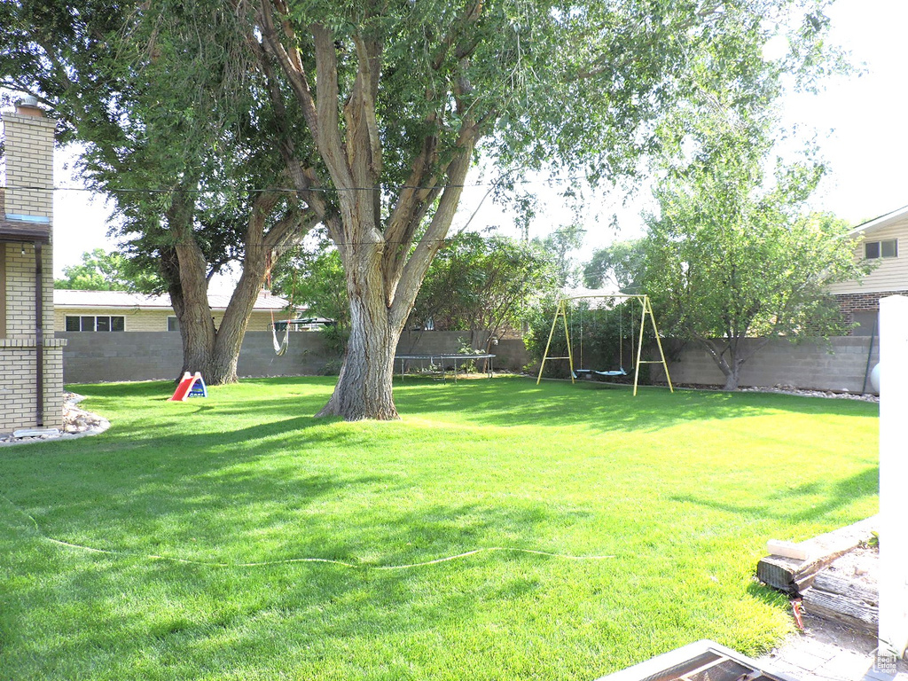 View of yard with a trampoline