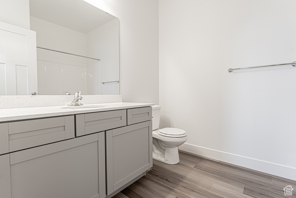 Bathroom featuring toilet, vanity, hardwood / wood-style floors, and a shower