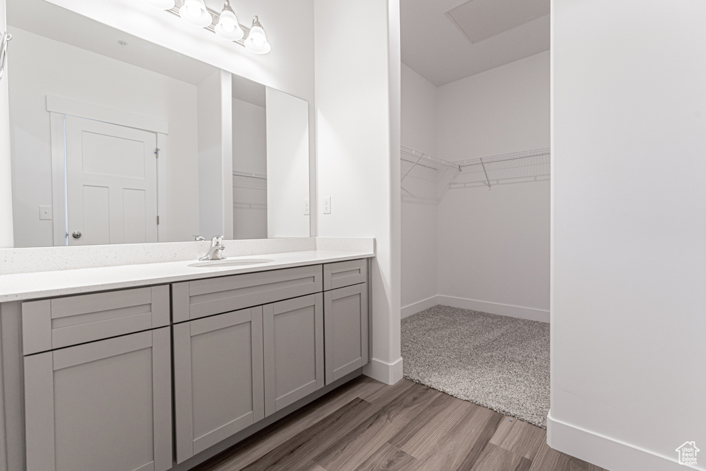 Bathroom featuring wood-type flooring and vanity