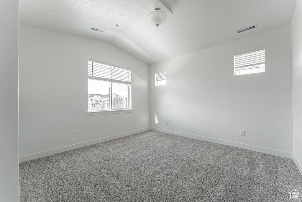 Empty room featuring carpet, lofted ceiling, and a textured ceiling