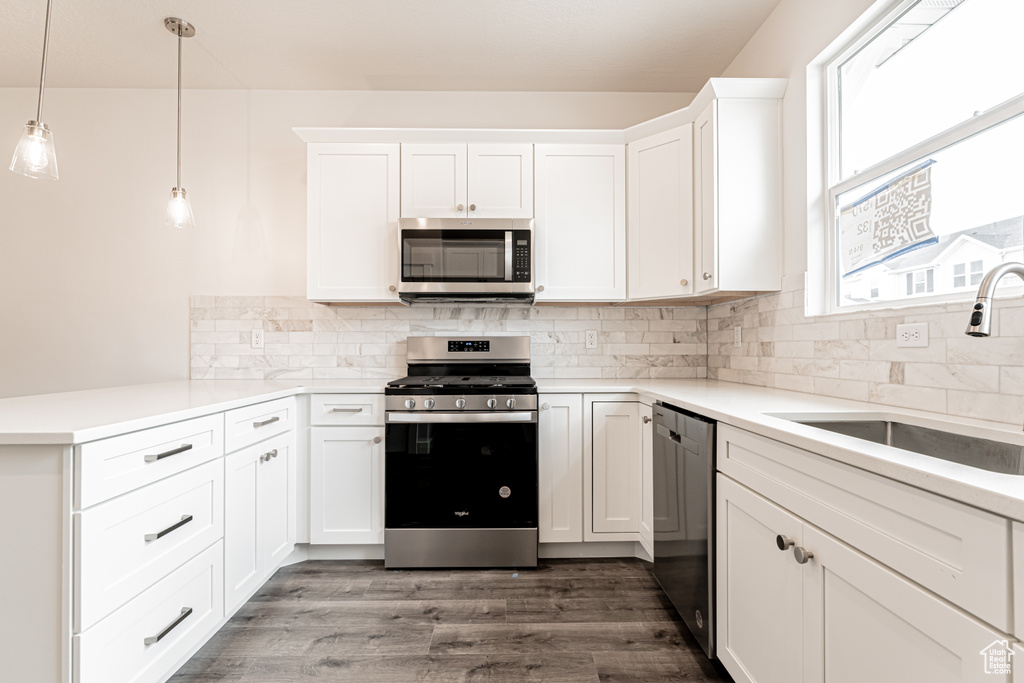 Kitchen featuring a sink, a peninsula, dark wood finished floors, stainless steel appliances, and decorative backsplash
