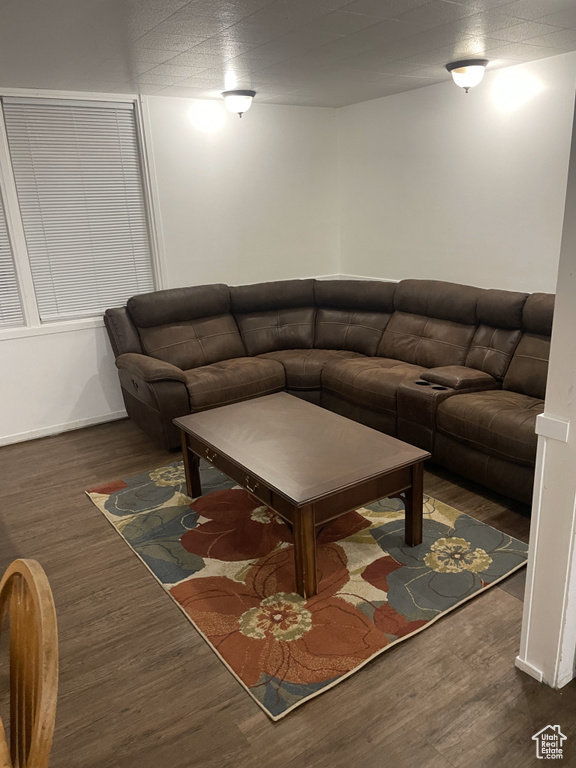 Living room featuring dark hardwood / wood-style floors and a textured ceiling