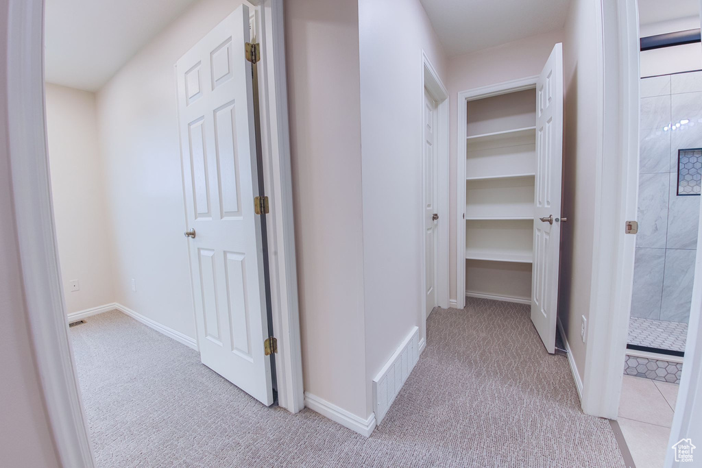 Hallway featuring light colored carpet