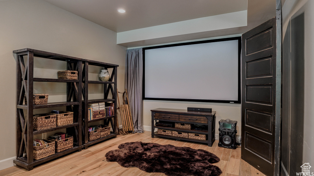 Cinema with light wood-type flooring