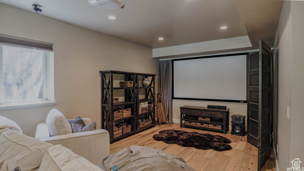 Cinema with a healthy amount of sunlight and light hardwood / wood-style floors