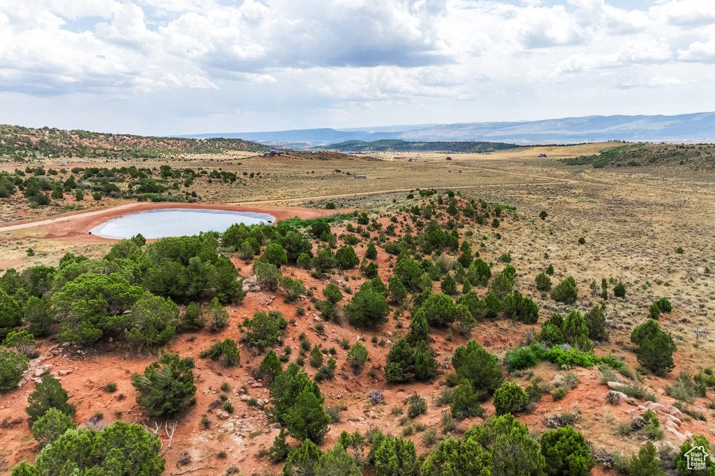 Bird's eye view with a water and mountain view