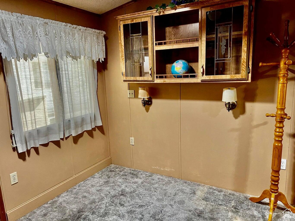 Carpeted spare room with lofted ceiling