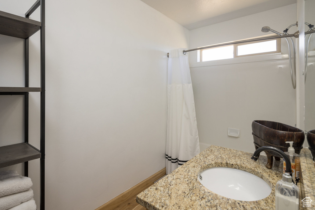 Bathroom with vanity and hardwood / wood-style floors