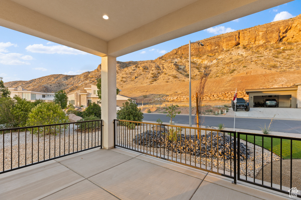 View of patio / terrace with a mountain view