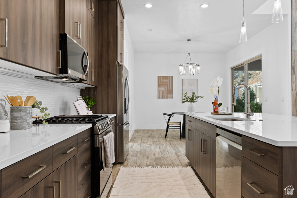 Kitchen featuring stainless steel appliances, light wood-style flooring, light countertops, backsplash, and a chandelier