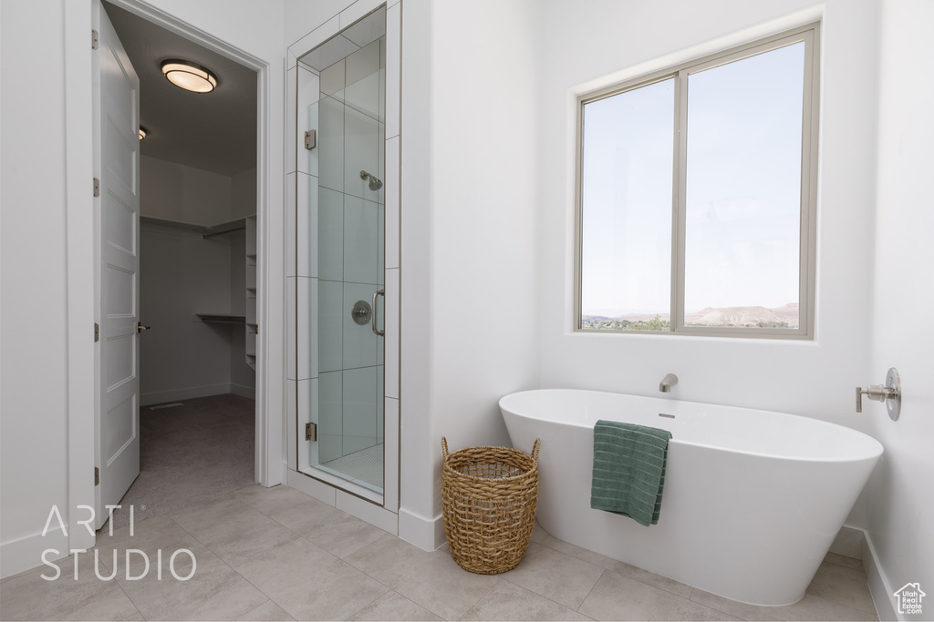 Bathroom with separate shower and tub and tile patterned floors