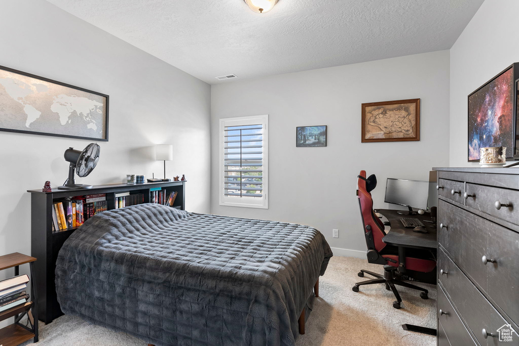 Carpeted bedroom featuring a textured ceiling