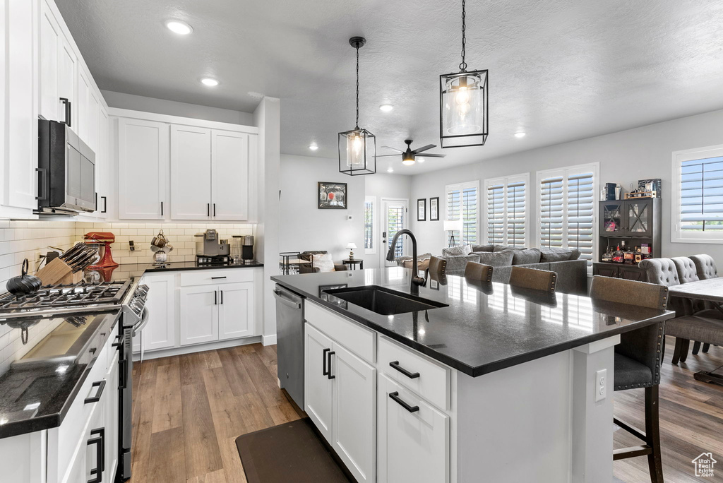 Kitchen with stainless steel appliances, an island with sink, sink, light hardwood / wood-style flooring, and decorative light fixtures