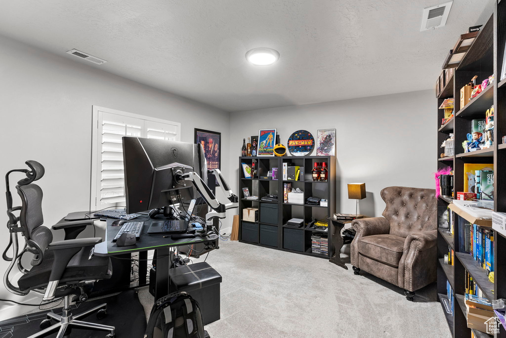 View of carpeted home office