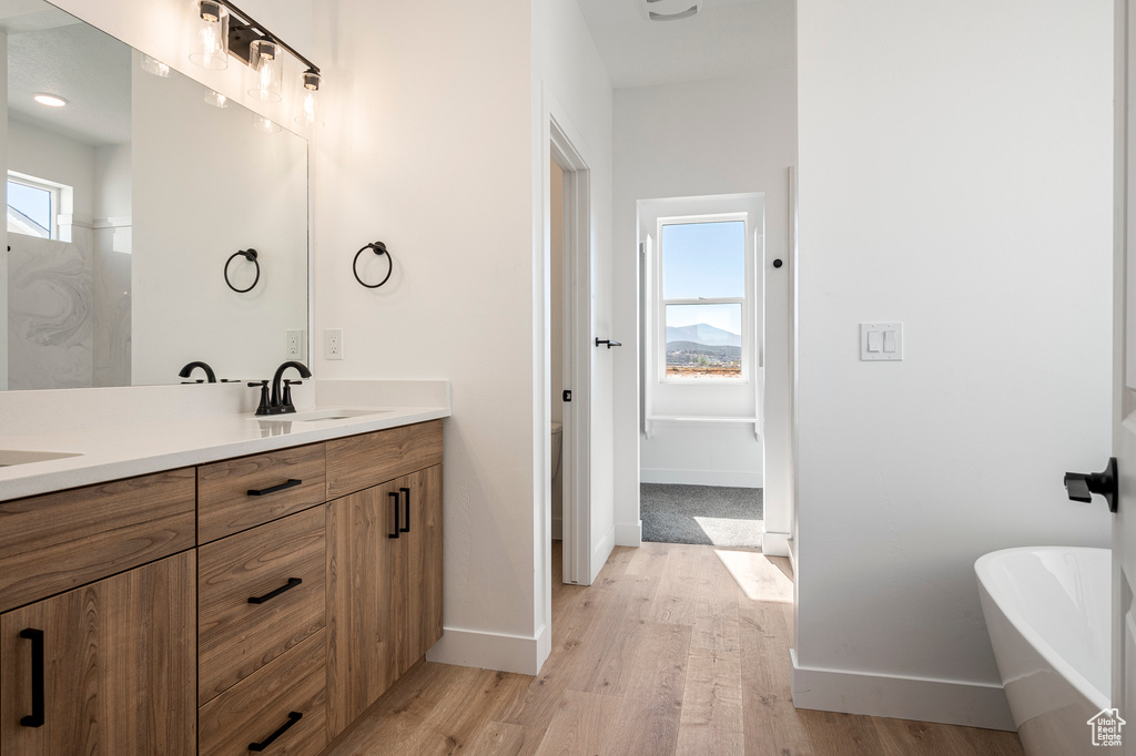 Bathroom featuring vanity, hardwood / wood-style floors, and a bathing tub