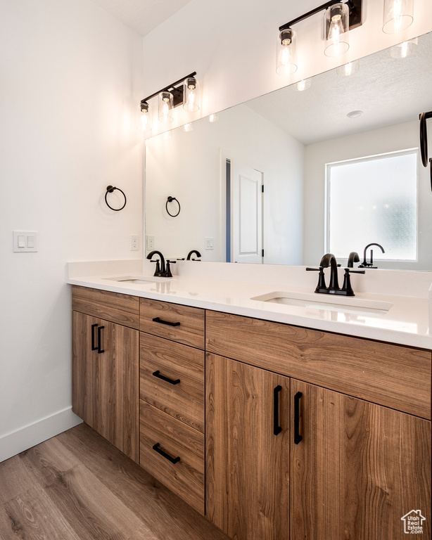 Bathroom with vanity and hardwood / wood-style flooring