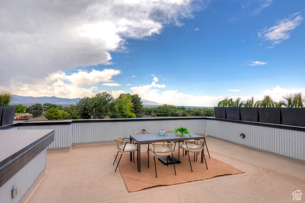 View of patio / terrace featuring a mountain view