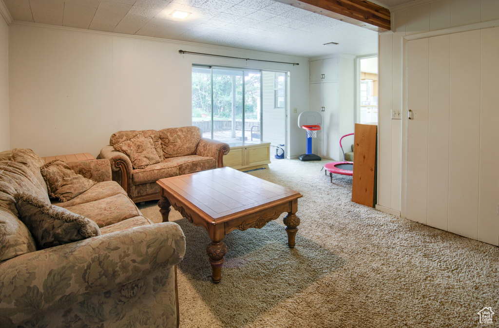 Carpeted living room with ornamental molding and beam ceiling