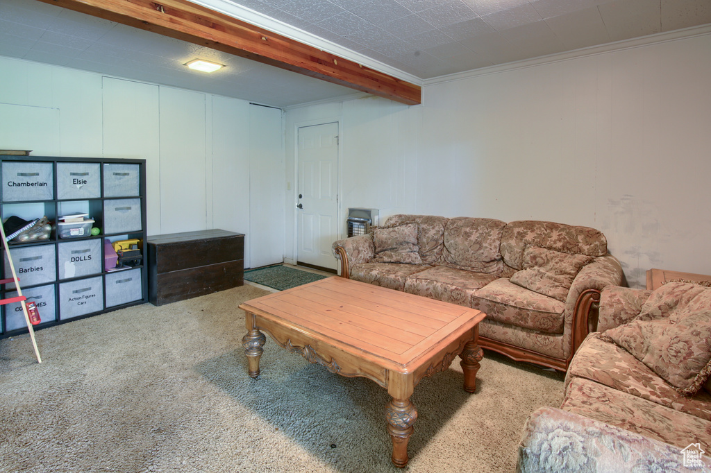 Carpeted living room featuring beam ceiling