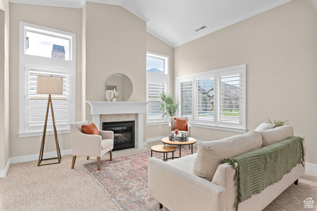 Carpeted living room featuring crown molding and vaulted ceiling