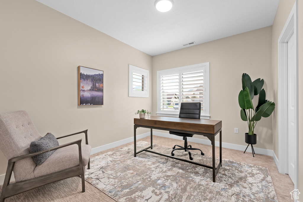 Office area with light colored carpet