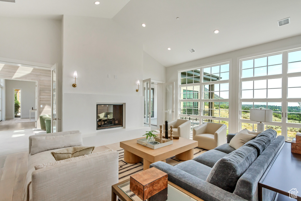 Living room featuring high vaulted ceiling, light hardwood / wood-style flooring, and plenty of natural light