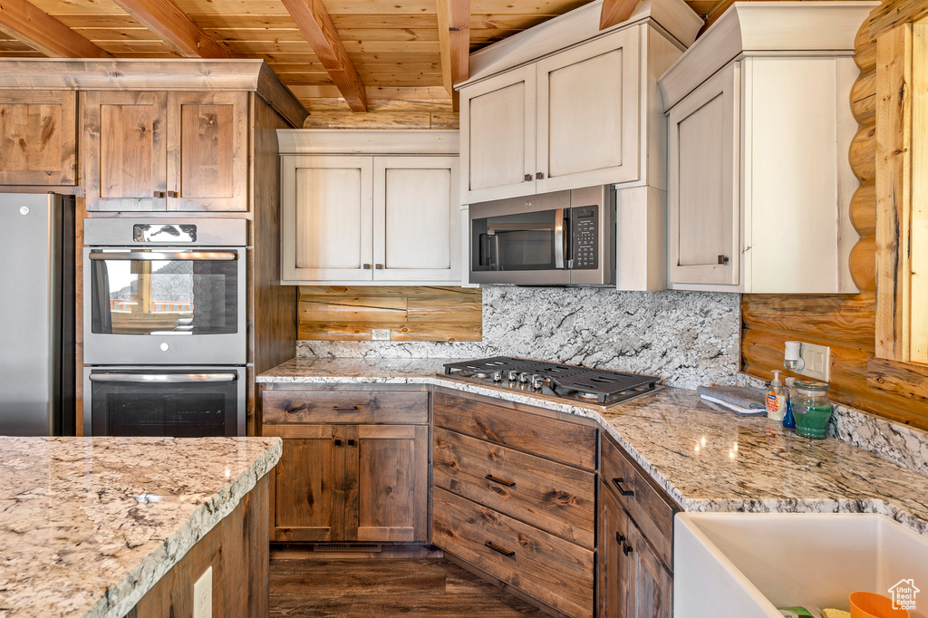 Kitchen featuring stainless steel appliances, backsplash, beam ceiling, dark hardwood / wood-style floors, and wood ceiling