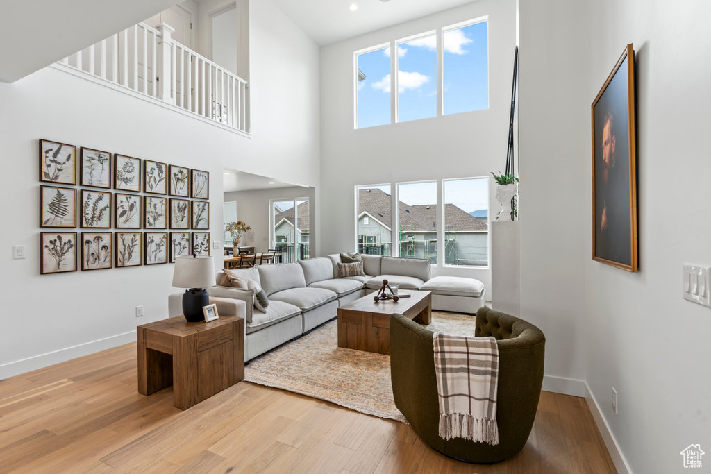 Living room featuring wood-type flooring and a high ceiling