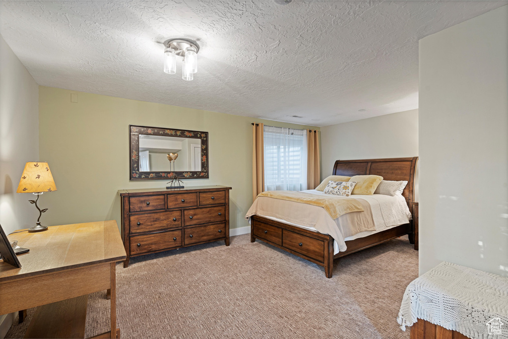 Carpeted bedroom with a textured ceiling