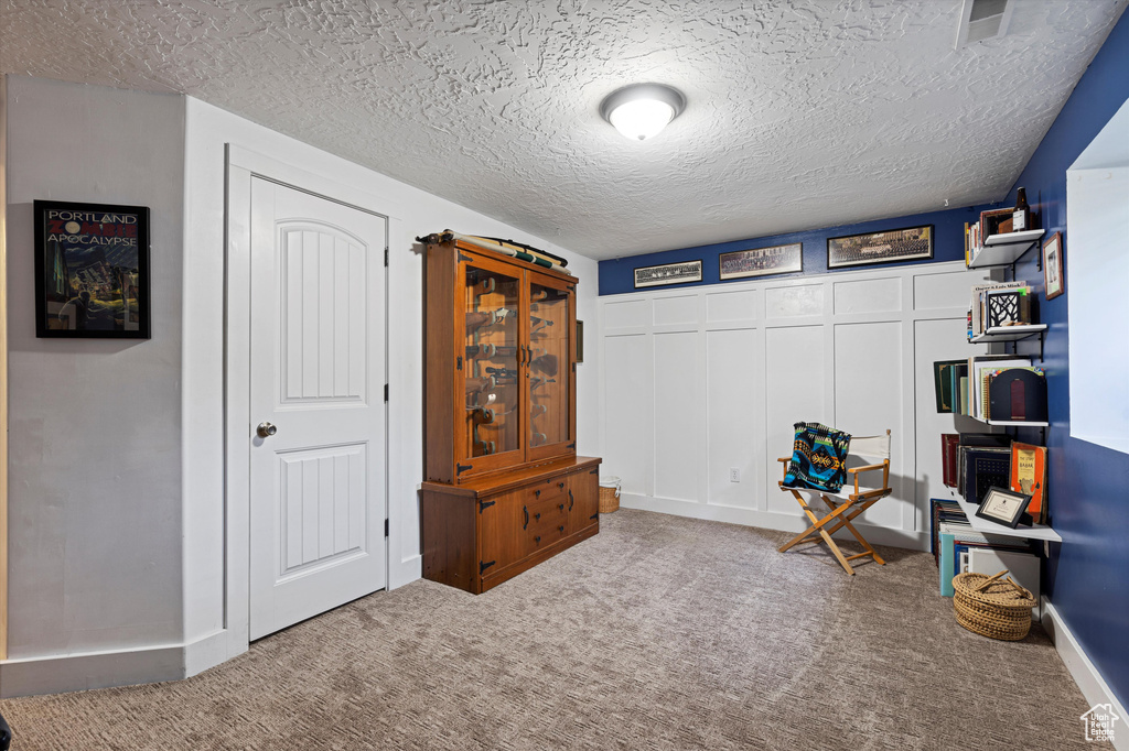 Misc room with a textured ceiling and light carpet