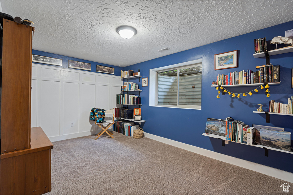 Interior space with carpet flooring and a textured ceiling