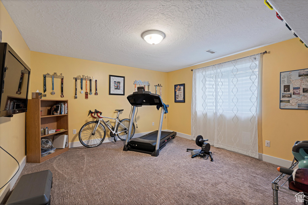 Exercise room featuring a textured ceiling and carpet floors