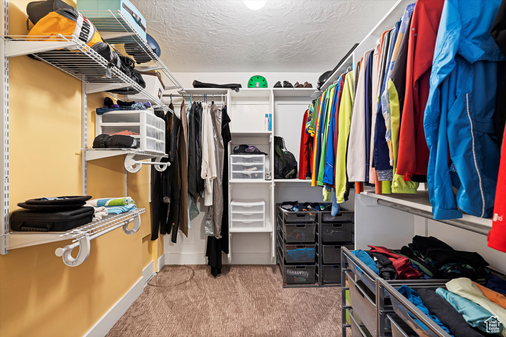 Walk in closet featuring light carpet