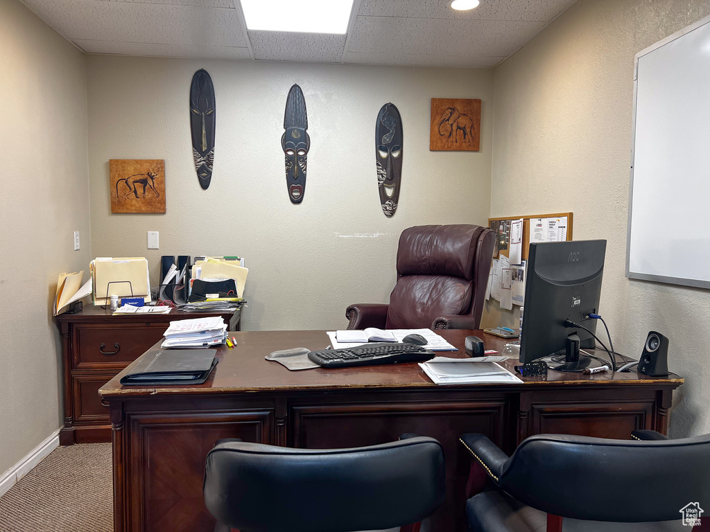 Office space with a paneled ceiling and carpet flooring