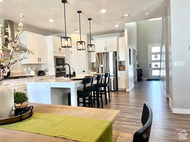 Kitchen with pendant lighting, hardwood / wood-style floors, appliances with stainless steel finishes, an island with sink, and white cabinets