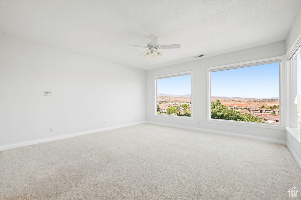 Carpeted spare room with ceiling fan and a textured ceiling