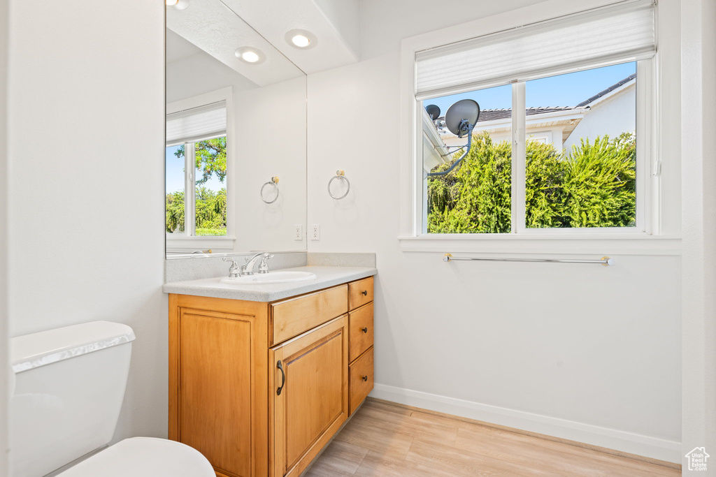 Bathroom with toilet, vanity, and hardwood / wood-style floors