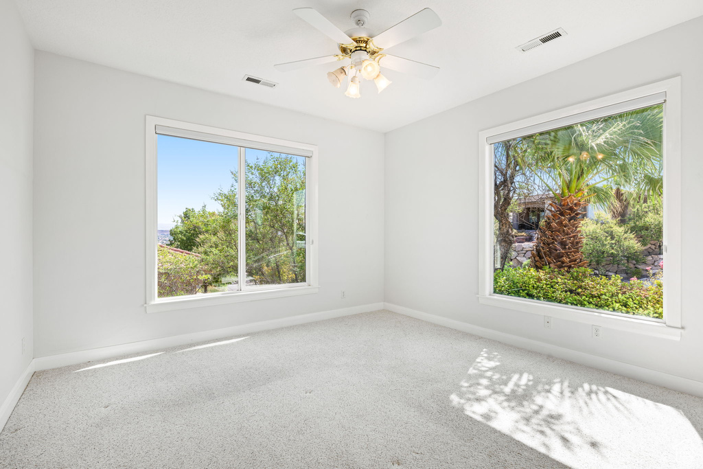 Carpeted spare room featuring ceiling fan and a wealth of natural light