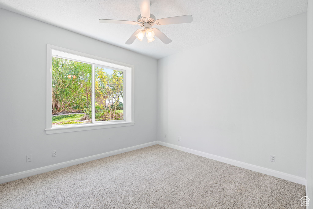 Carpeted empty room with ceiling fan and a wealth of natural light