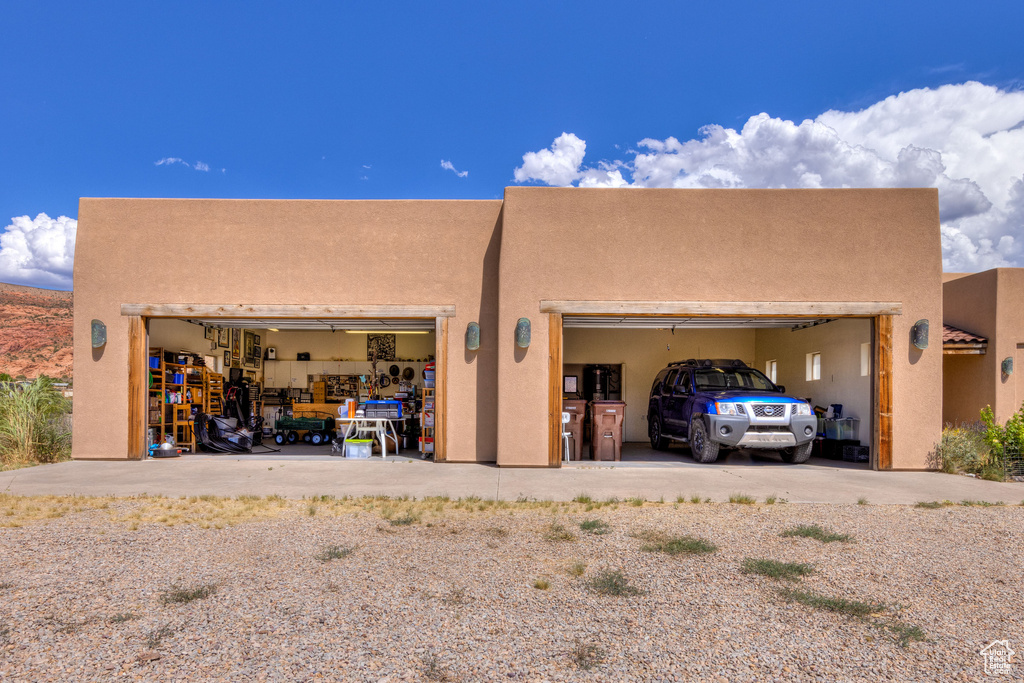 Exterior space featuring a garage