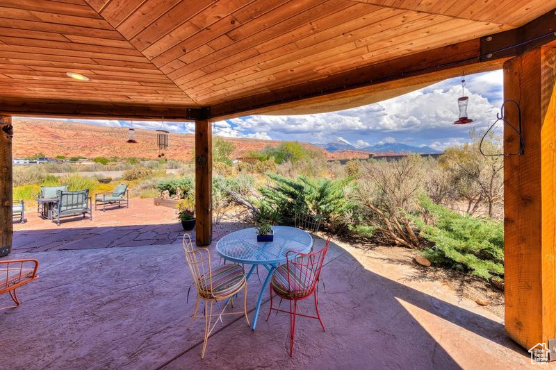 View of patio / terrace with a mountain view