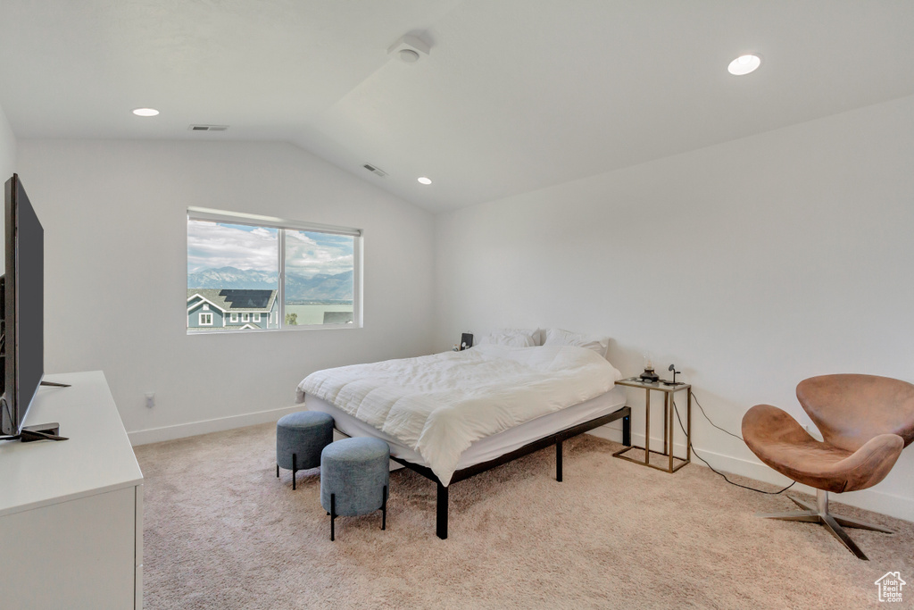 Carpeted bedroom featuring vaulted ceiling