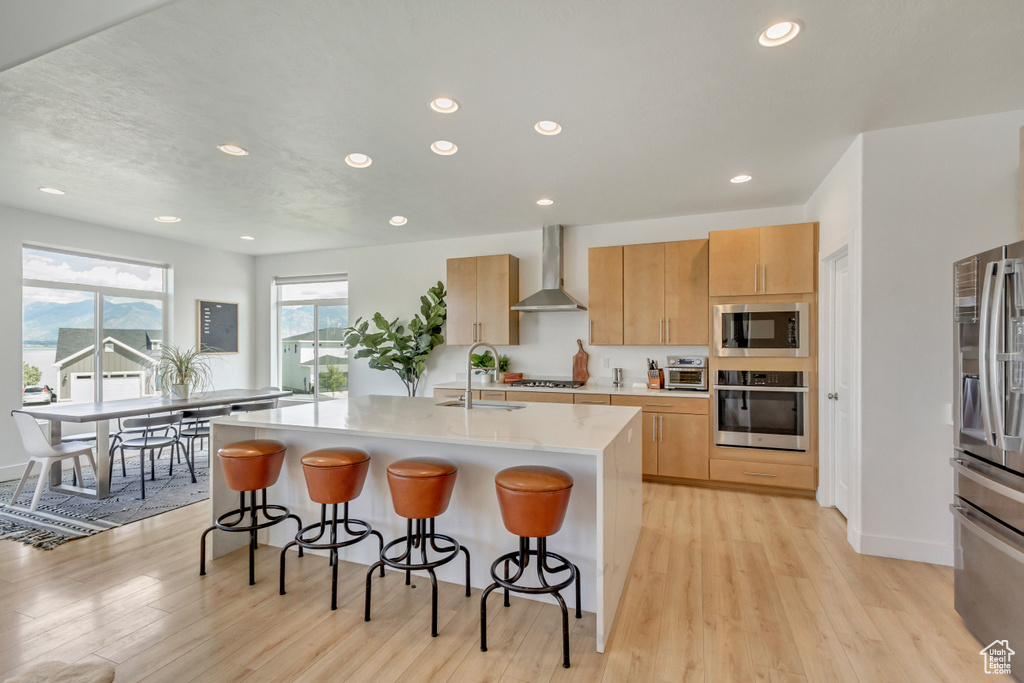 Kitchen featuring appliances with stainless steel finishes, an island with sink, sink, light hardwood / wood-style flooring, and wall chimney range hood